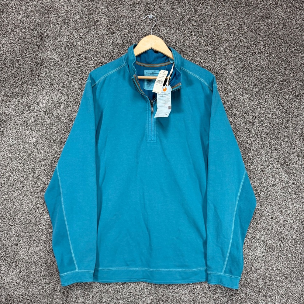 Tommy Bahama Ben & Terry 1/2 Zip Sweatshirt Mens LT Sea Jade Cotton Stretch